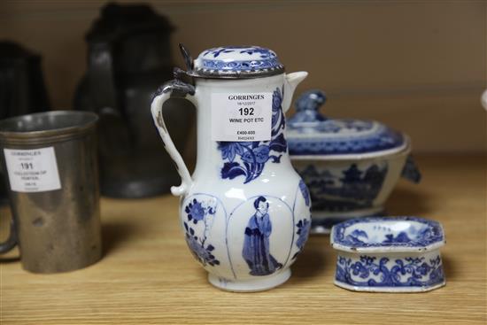 A Chinese blue and white lidded wine pot, with later silver mounts, a Chinese sauce tureen and cover and a trencher H.17cm